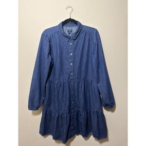 J.CREW Womens Chambray Denim Dress Jean Ruffle Long Sleeve Size 14 Dark Wash